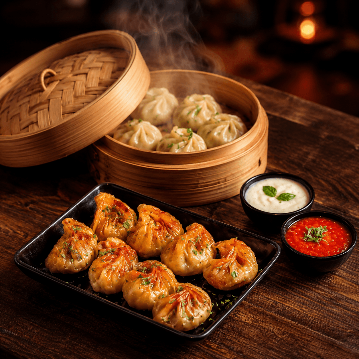 Steamed and fried momos with dipping sauces — The Appetite Momos, Thane West
